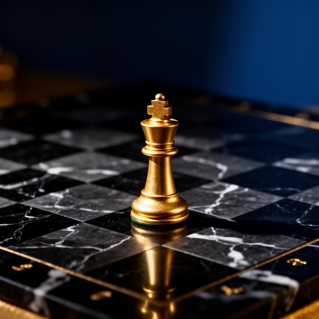 A gold king on a black marble chessboard
